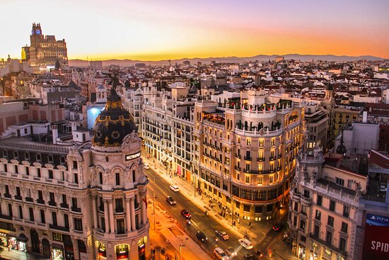 Panoramic view of Madrid with historic buildings and modern educational institutions, highlighting the city's academic diversity